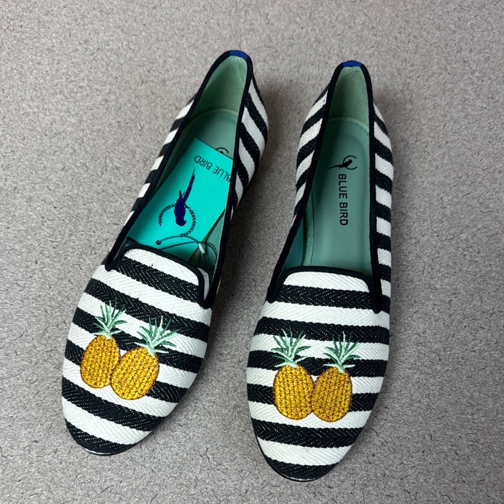 Blue Bird Women's Striped Loafers with Pineapple Embroidery